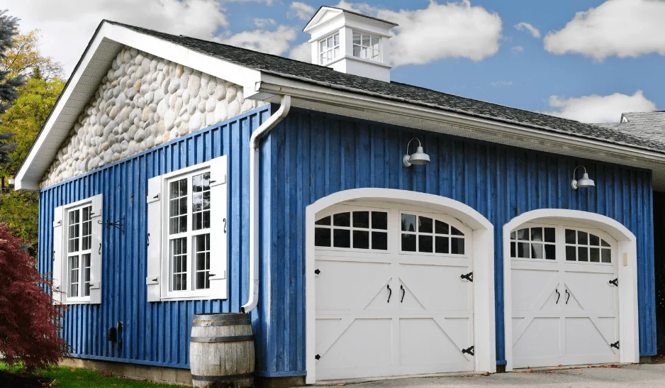 Custom-built two-door blue garage